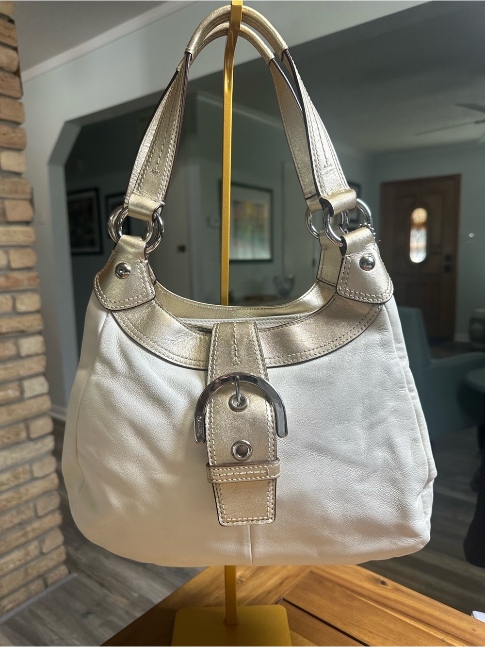 Coach Lynn SoHo White Smooth Leather Shoulder Bag with Gold Trim